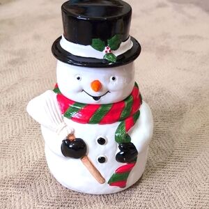 Vintage "Celebrate The Season" Ceramic Snowman Winter Holiday Cookie Jar